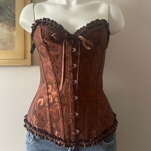 Brown Brocade Corset Top with Ruffle Trim